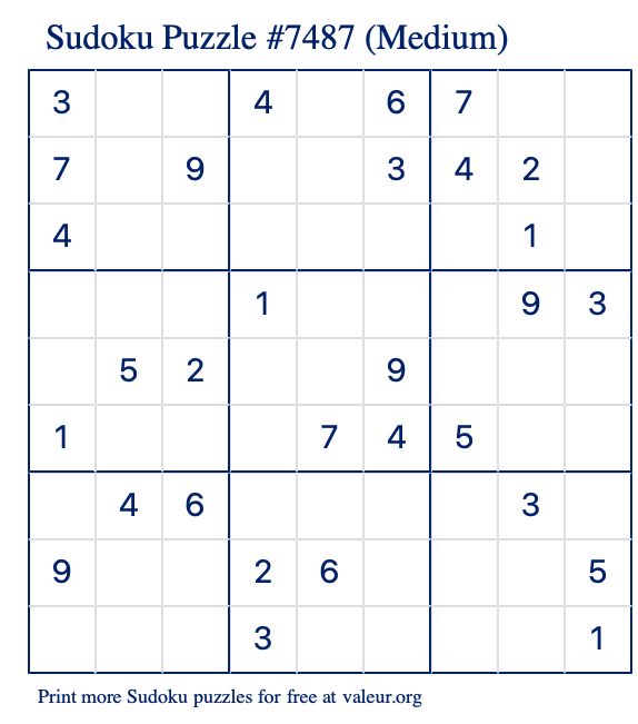 Free Printable Medium Sudoku Puzzle number 7487