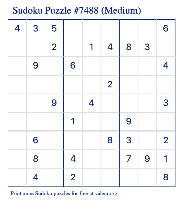Free Printable Medium Sudoku Puzzle number 7488