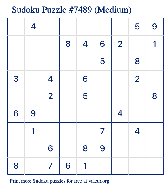 Free Printable Medium Sudoku Puzzle number 7489