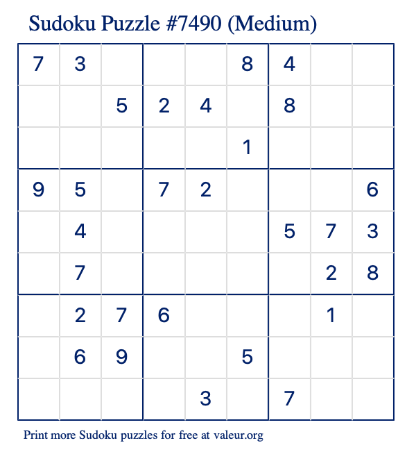 Free Printable Medium Sudoku Puzzle number 7490