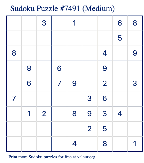 Free Printable Medium Sudoku Puzzle number 7491