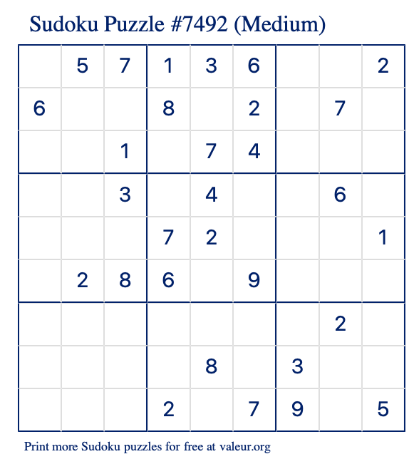 Free Printable Medium Sudoku Puzzle number 7492