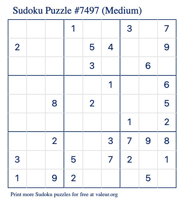 Free Printable Medium Sudoku Puzzle number 7497