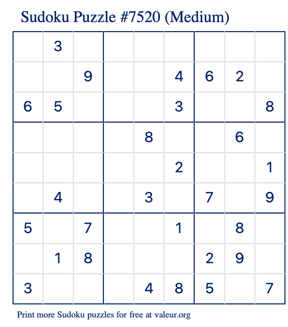 Free Printable Medium Sudoku Puzzle number 7520