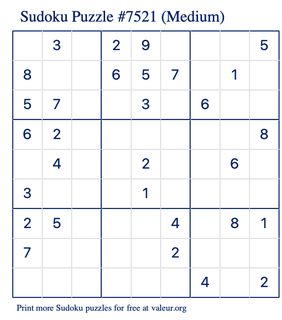 Free Printable Medium Sudoku Puzzle number 7521