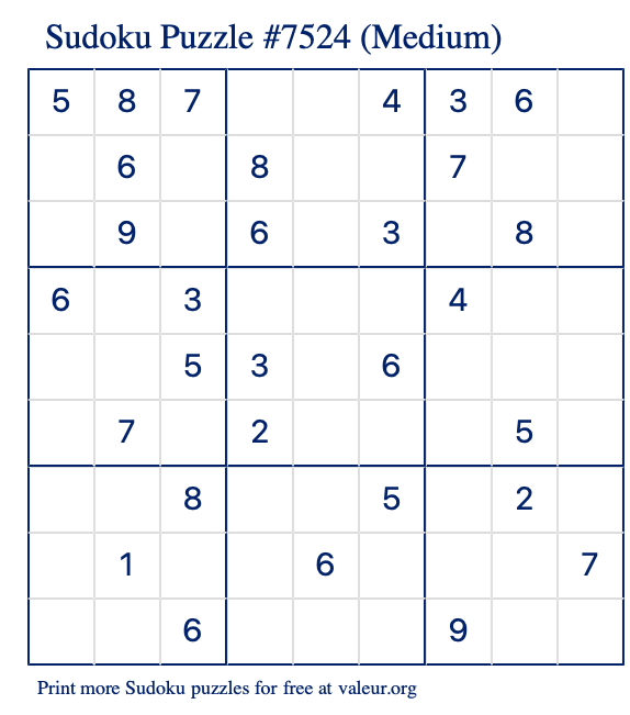 Free Printable Medium Sudoku Puzzle number 7524