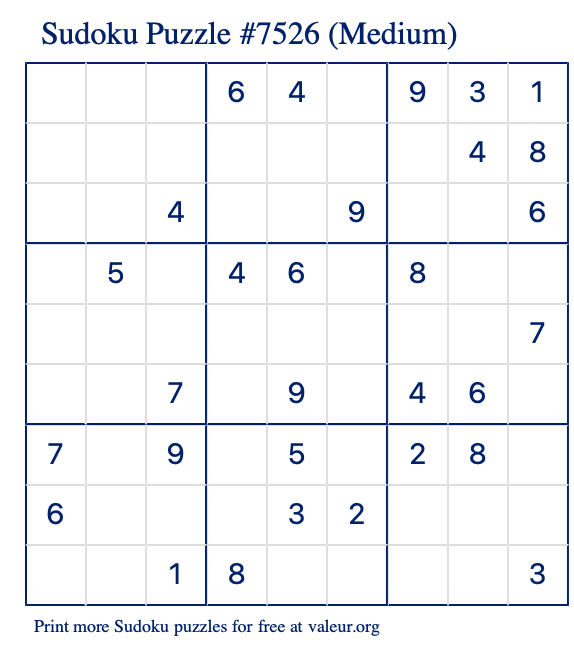 Free Printable Medium Sudoku Puzzle number 7526