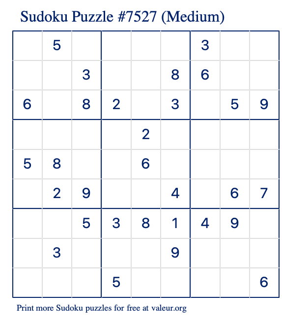 Free Printable Medium Sudoku Puzzle number 7527
