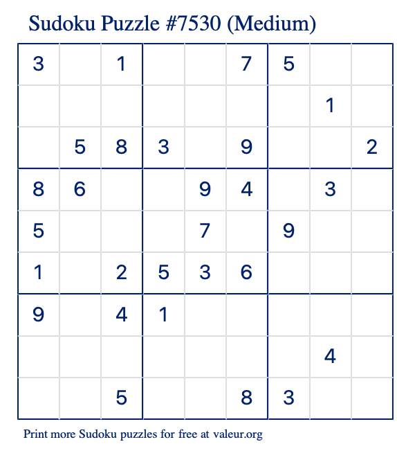 Free Printable Medium Sudoku Puzzle number 7530