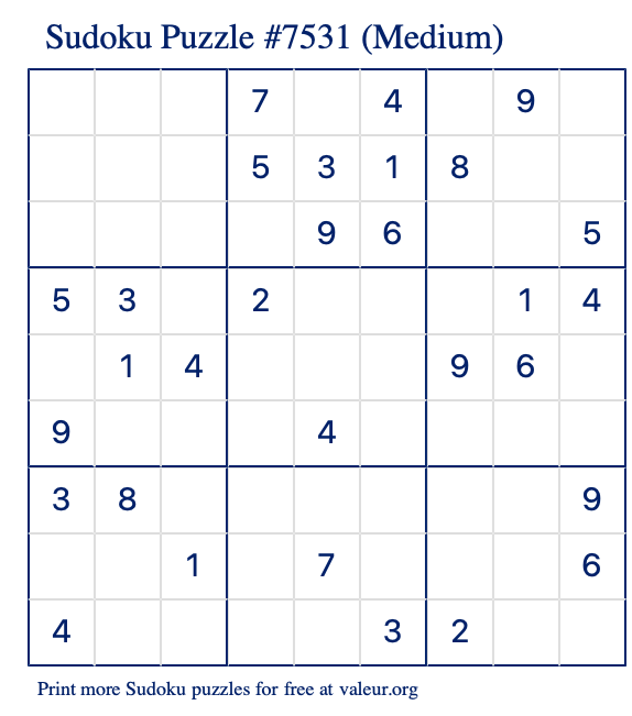Free Printable Medium Sudoku Puzzle number 7531