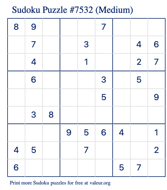 Free Printable Medium Sudoku Puzzle number 7532