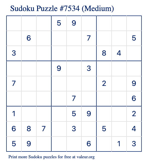 Free Printable Medium Sudoku Puzzle number 7534