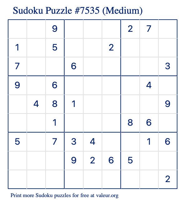Free Printable Medium Sudoku Puzzle number 7535