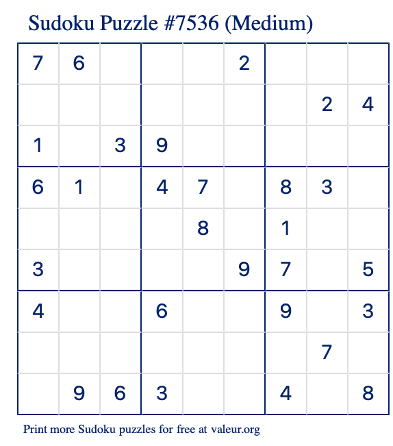 Free Printable Medium Sudoku Puzzle number 7536