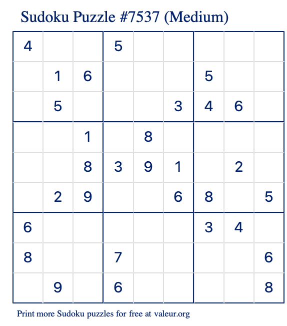 Free Printable Medium Sudoku Puzzle number 7537