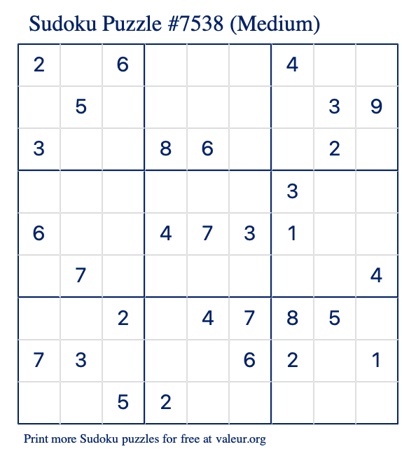Free Printable Medium Sudoku Puzzle number 7538
