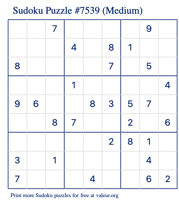 Free Printable Medium Sudoku Puzzle number 7539