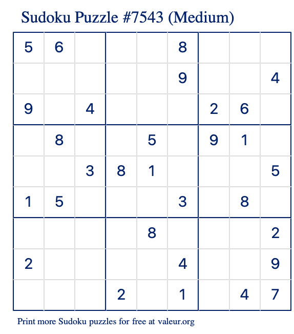 Free Printable Medium Sudoku Puzzle number 7543