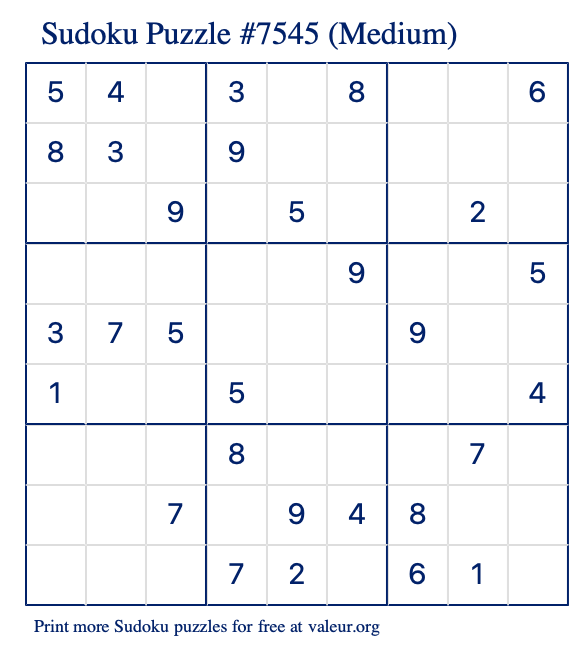 Free Printable Medium Sudoku Puzzle number 7545
