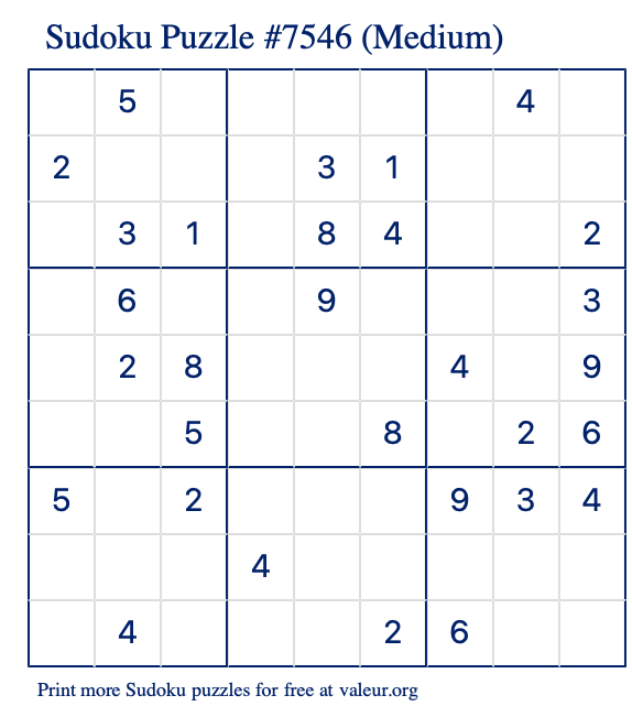 Free Printable Medium Sudoku Puzzle number 7546