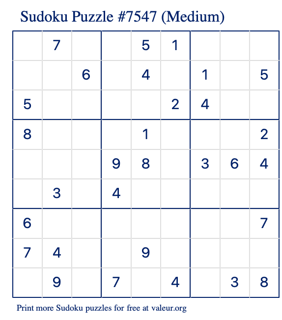 Free Printable Medium Sudoku Puzzle number 7547