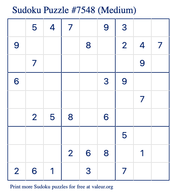Free Printable Medium Sudoku Puzzle number 7548
