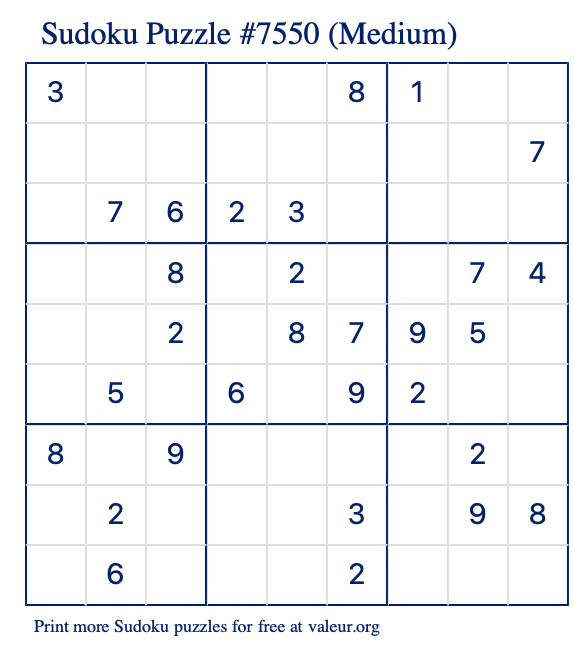 Free Printable Medium Sudoku Puzzle number 7550
