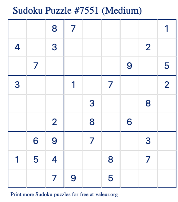 Free Printable Medium Sudoku Puzzle number 7551