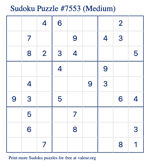 Free Printable Medium Sudoku Puzzle number 7553