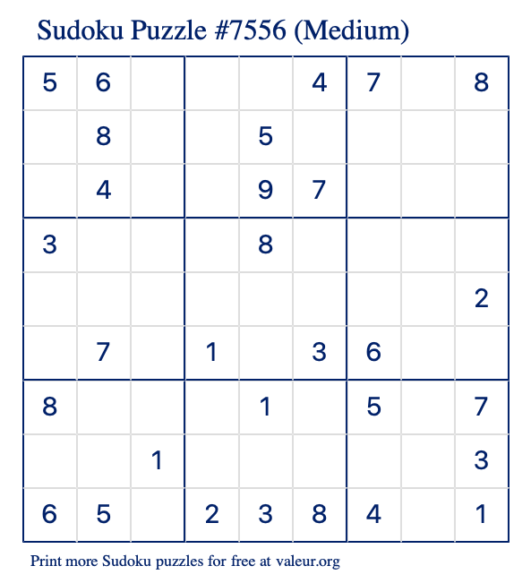 Free Printable Medium Sudoku Puzzle number 7556