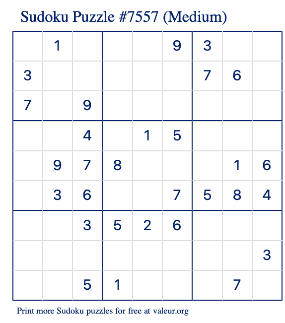 Free Printable Medium Sudoku Puzzle number 7557