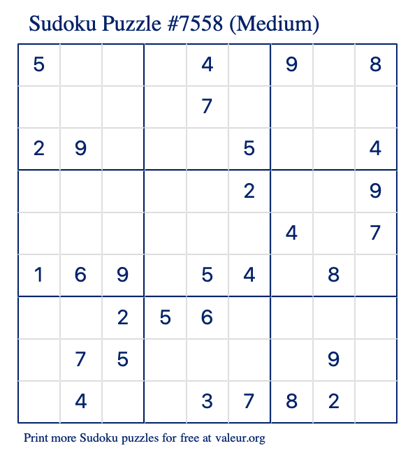 Free Printable Medium Sudoku Puzzle number 7558