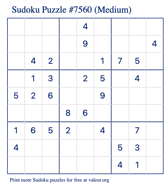 Free Printable Medium Sudoku Puzzle number 7560