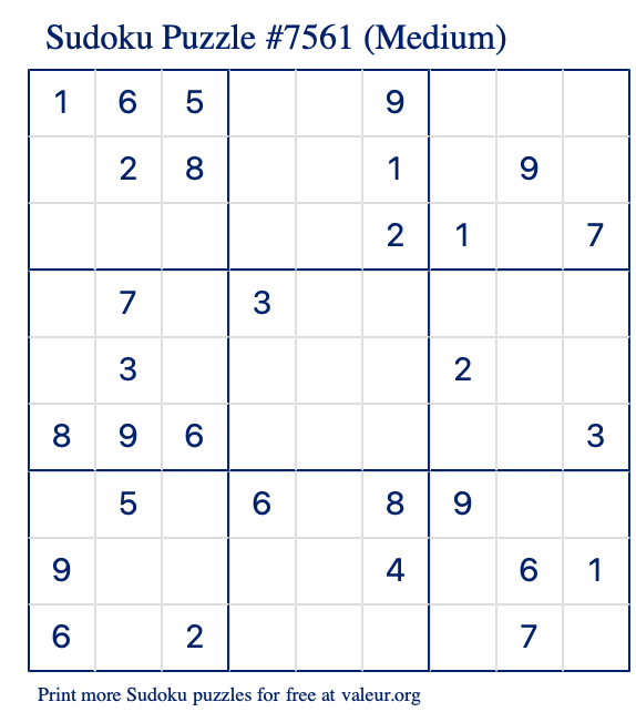 Free Printable Medium Sudoku Puzzle number 7561