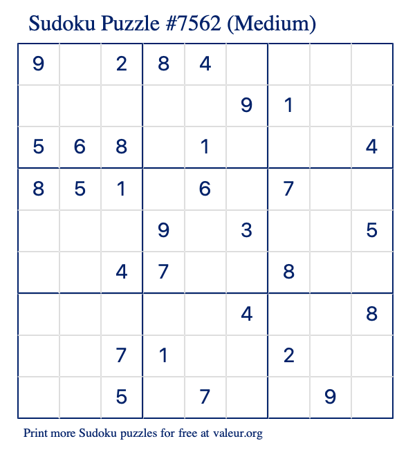 Free Printable Medium Sudoku Puzzle number 7562