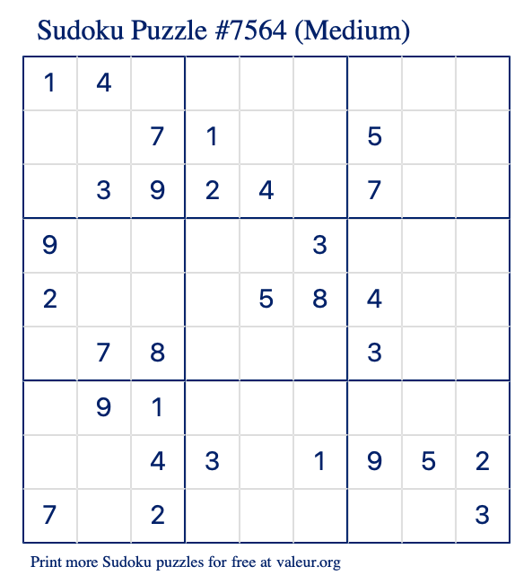 Free Printable Medium Sudoku Puzzle number 7564