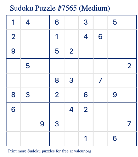 Free Printable Medium Sudoku Puzzle number 7565