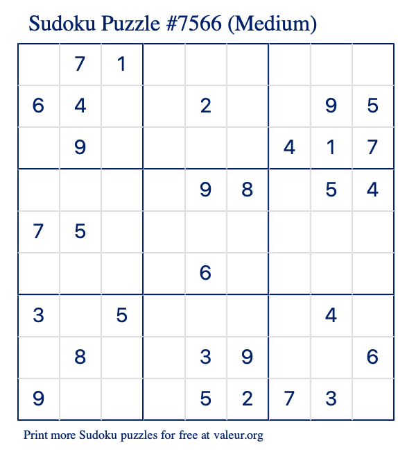 Free Printable Medium Sudoku Puzzle number 7566