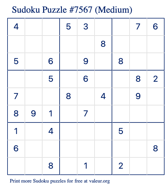 Free Printable Medium Sudoku Puzzle number 7567
