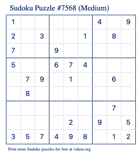 Free Printable Medium Sudoku Puzzle number 7568