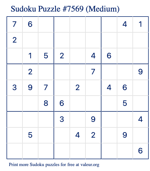 Free Printable Medium Sudoku Puzzle number 7569