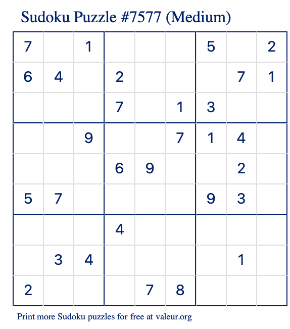 Free Printable Medium Sudoku Puzzle number 7577