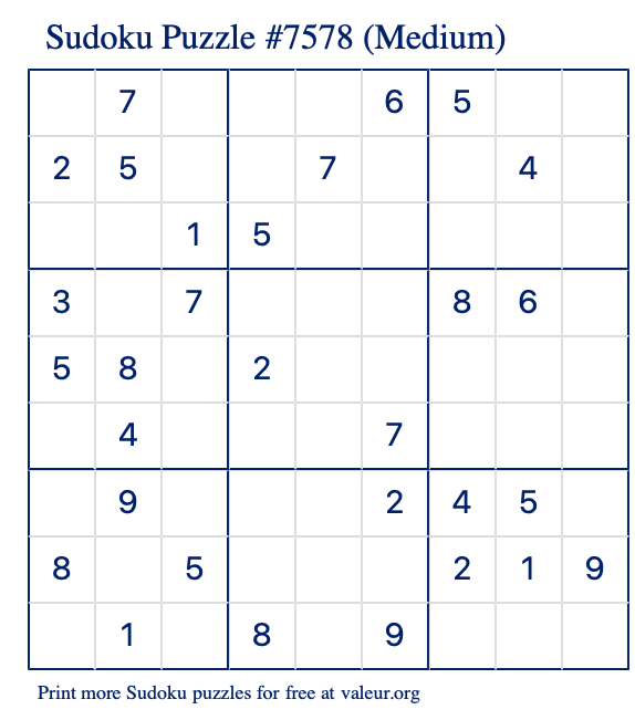 Free Printable Medium Sudoku Puzzle number 7578