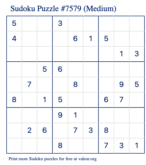 Free Printable Medium Sudoku Puzzle number 7579