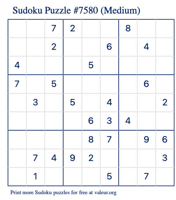 Free Printable Medium Sudoku Puzzle number 7580