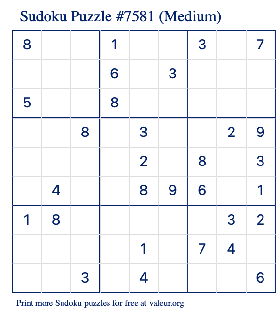 Free Printable Medium Sudoku Puzzle number 7581
