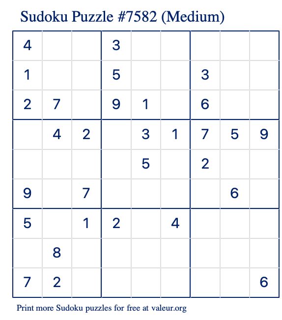 Free Printable Medium Sudoku Puzzle number 7582