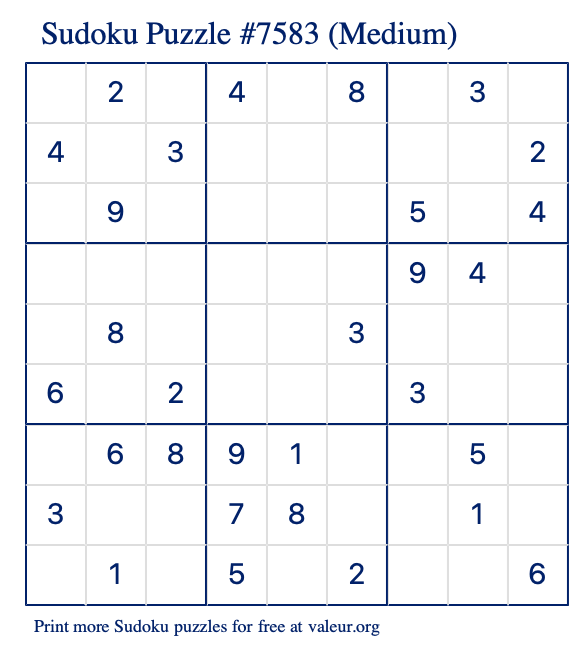 Free Printable Medium Sudoku Puzzle number 7583