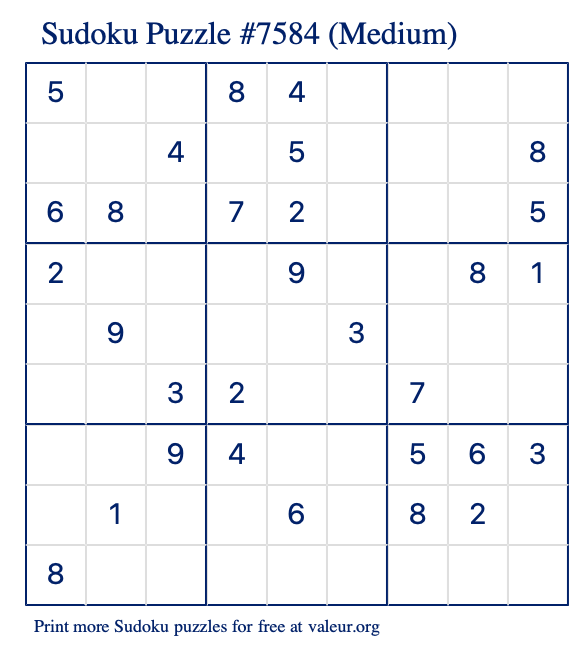Free Printable Medium Sudoku Puzzle number 7584