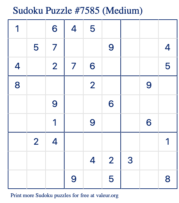 Free Printable Medium Sudoku Puzzle number 7585
